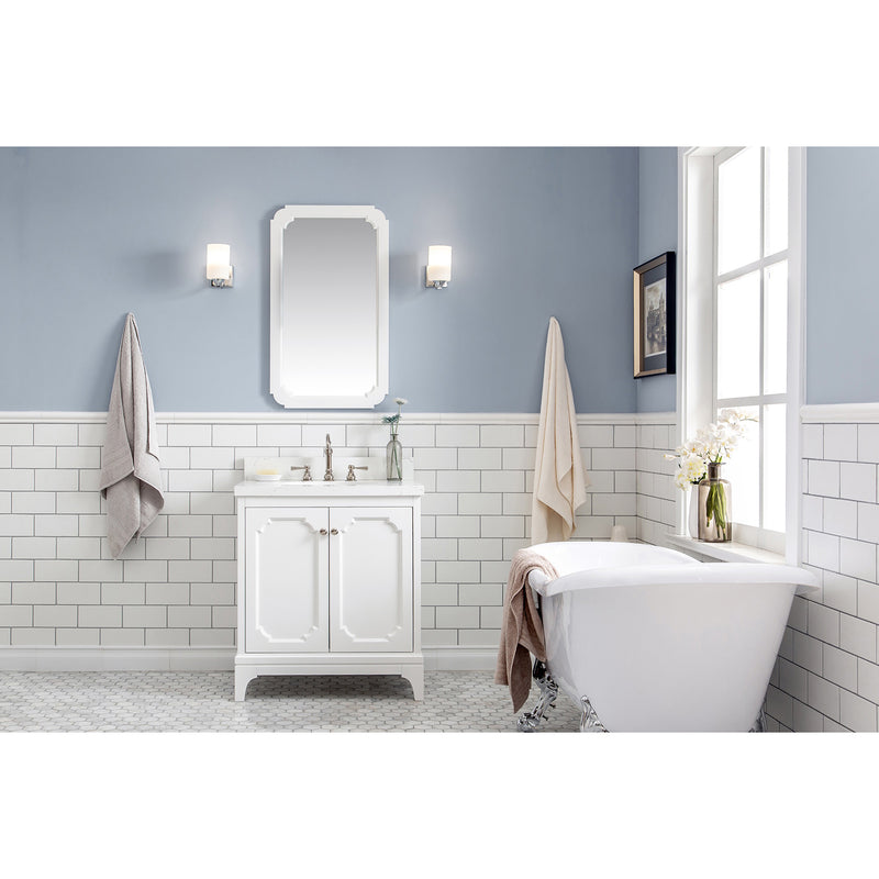 Water Creation Queen 30" Single Sink Quartz Carrara Vanity In Pure White with Matching Mirror and F2-0009-05-BX Lavatory Faucet QU30QZ05PW-Q21BX0905