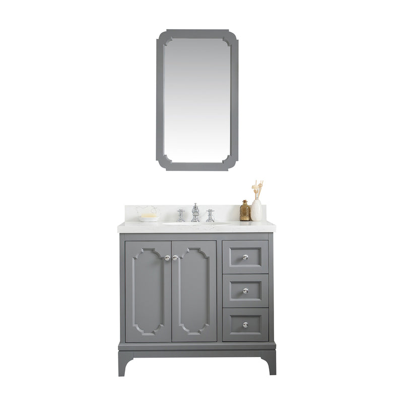 Water Creation Queen 36" Single Sink Quartz Carrara Vanity In Cashmere Gray with F2-0013-01-FX Lavatory Faucet QU36QZ01CG-000FX1301