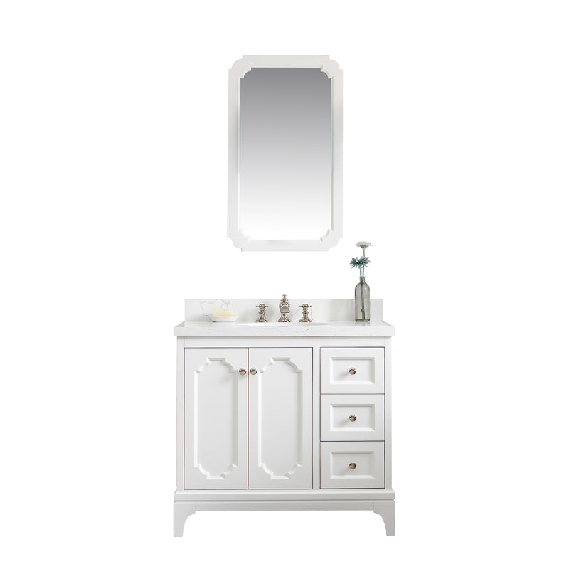 Water Creation Queen 36" Single Sink Quartz Carrara Vanity In Pure White with Matching Mirror and F2-0013-05-FX Lavatory Faucet QU36QZ05PW-Q21FX1305