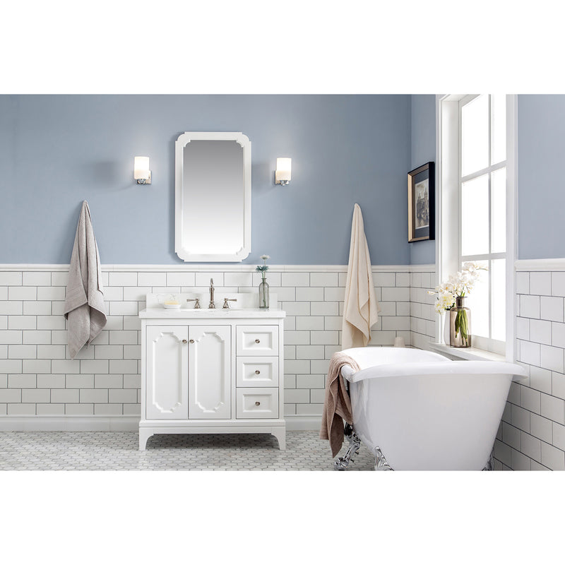 Water Creation Queen 36" Single Sink Quartz Carrara Vanity In Pure White with Matching Mirror and F2-0009-05-BX Lavatory Faucet QU36QZ05PW-Q21BX0905