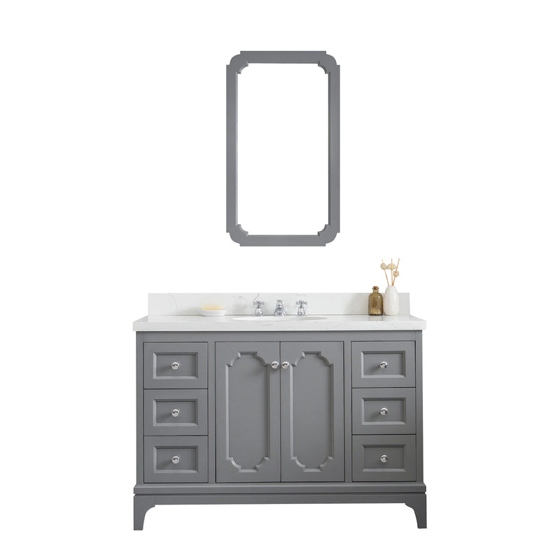 Water Creation Queen 48" Single Sink Quartz Carrara Vanity In Cashmere Gray with Matching Mirror and F2-0012-01-TL Lavatory Faucet QU48QZ01CG-Q21TL1201