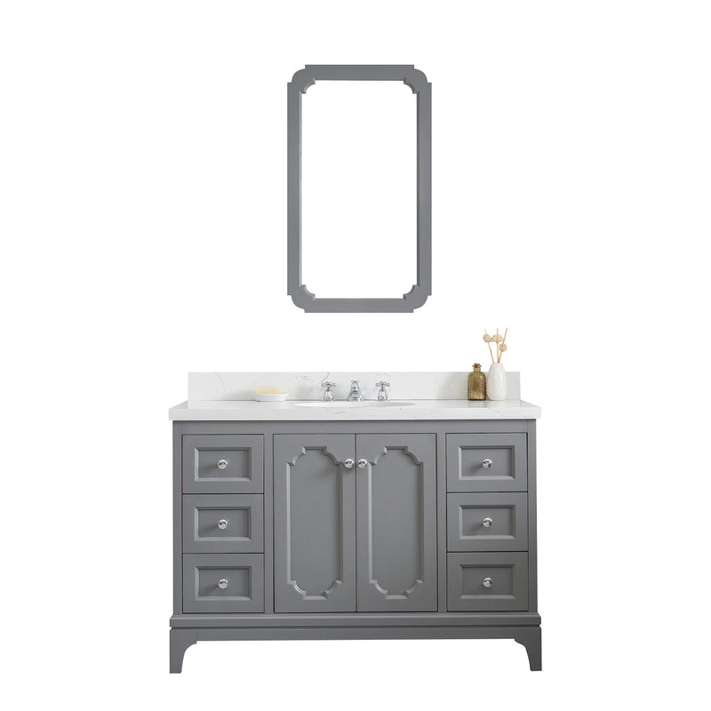 Water Creation Queen 48" Single Sink Quartz Carrara Vanity In Cashmere Gray with Matching Mirror and F2-0009-01-BX Lavatory Faucet QU48QZ01CG-Q21BX0901