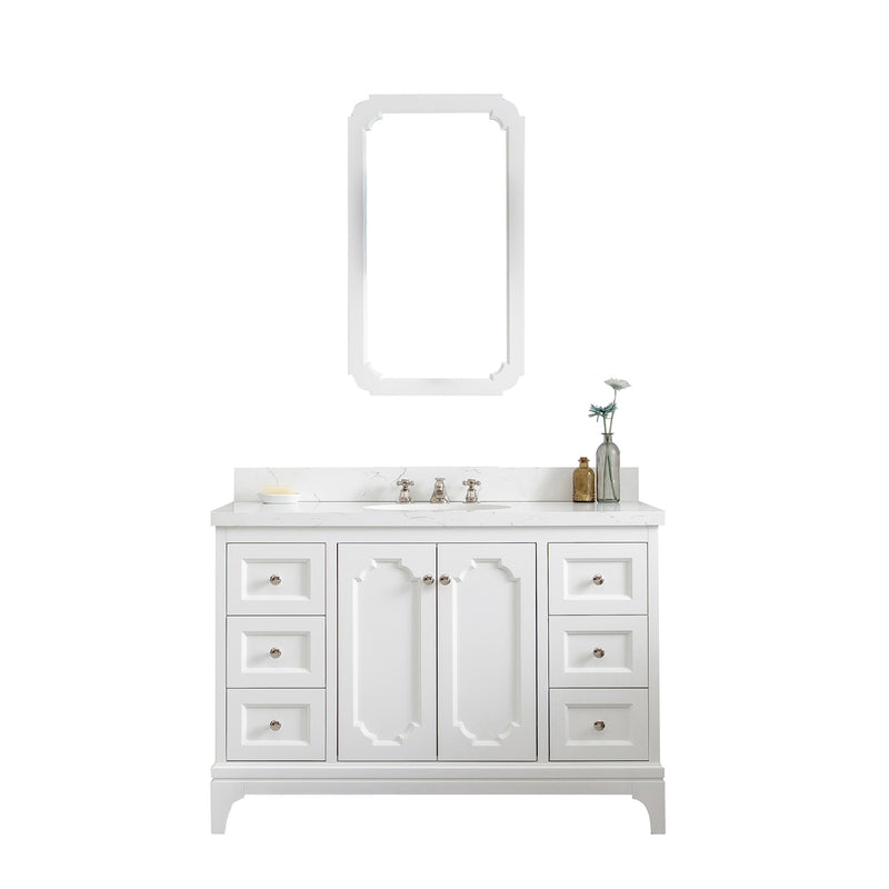 Water Creation Queen 48" Single Sink Quartz Carrara Vanity In Pure White with F2-0012-05-TL Lavatory Faucet QU48QZ05PW-000TL1205