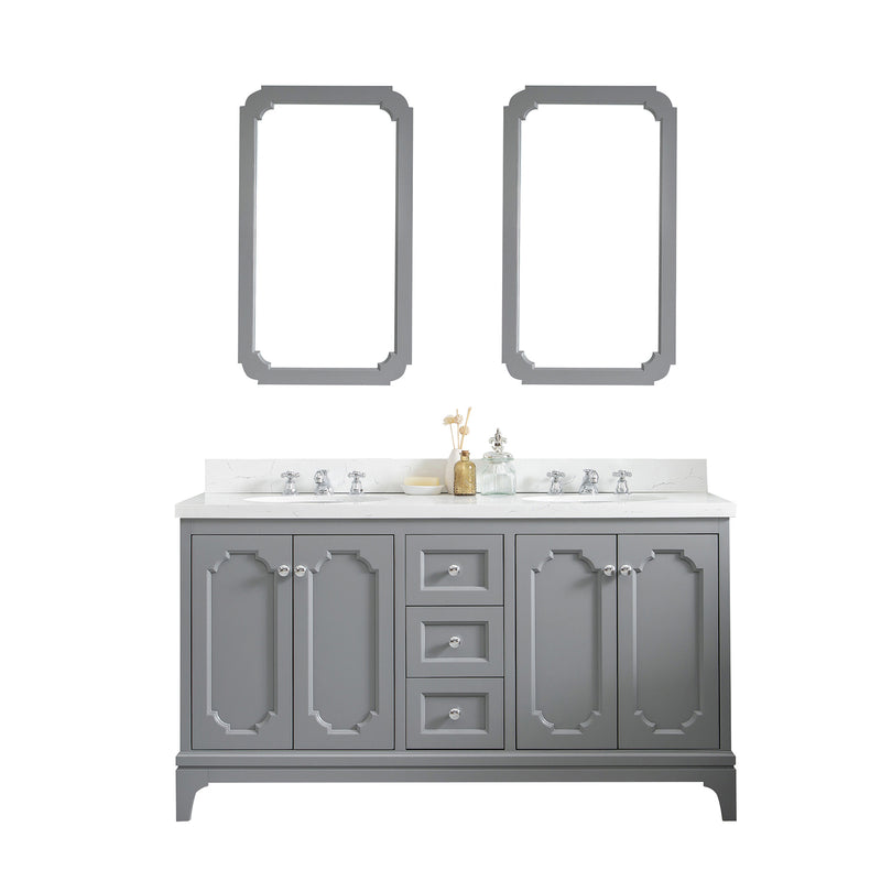 Water Creation Queen 60" Double Sink Quartz Carrara Vanity In Cashmere Gray with Matching Mirror and F2-0012-01-TL Lavatory Faucet QU60QZ01CG-Q21TL1201