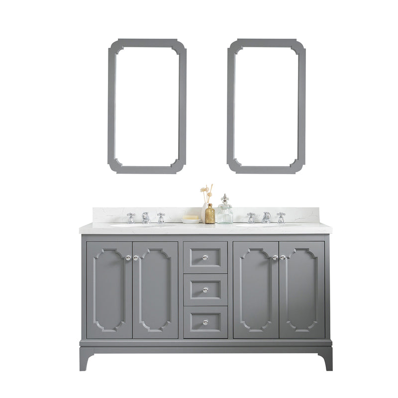 Water Creation Queen 60" Double Sink Quartz Carrara Vanity In Cashmere Gray with Matching Mirror QU60QZ01CG-Q21000000