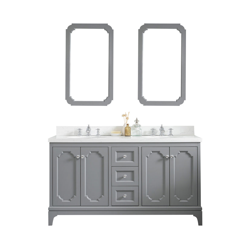 Water Creation Queen 60" Double Sink Quartz Carrara Vanity In Cashmere Gray with Matching Mirror and F2-0013-01-FX Lavatory Faucet QU60QZ01CG-Q21FX1301