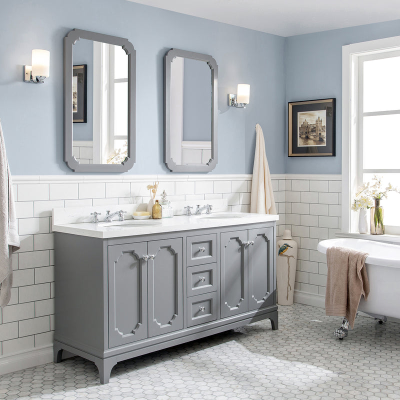 Water Creation Queen 60" Double Sink Quartz Carrara Vanity In Cashmere Gray with Matching Mirror and F2-0009-01-BX Lavatory Faucet QU60QZ01CG-Q21BX0901