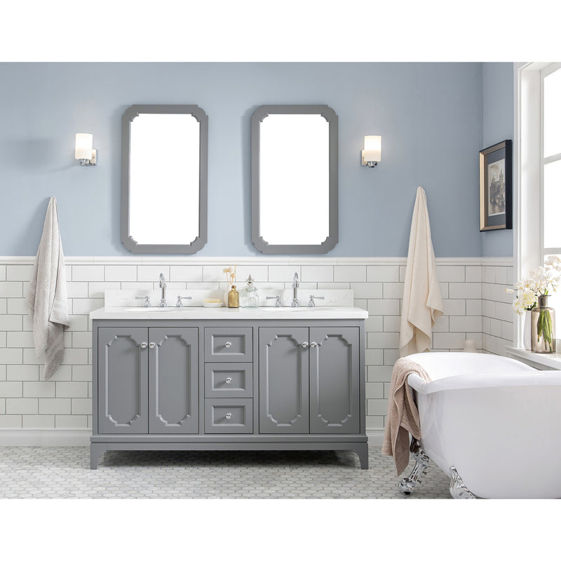 Water Creation Queen 60" Double Sink Quartz Carrara Vanity In Cashmere Gray with Matching Mirror and F2-0012-01-TL Lavatory Faucet QU60QZ01CG-Q21TL1201