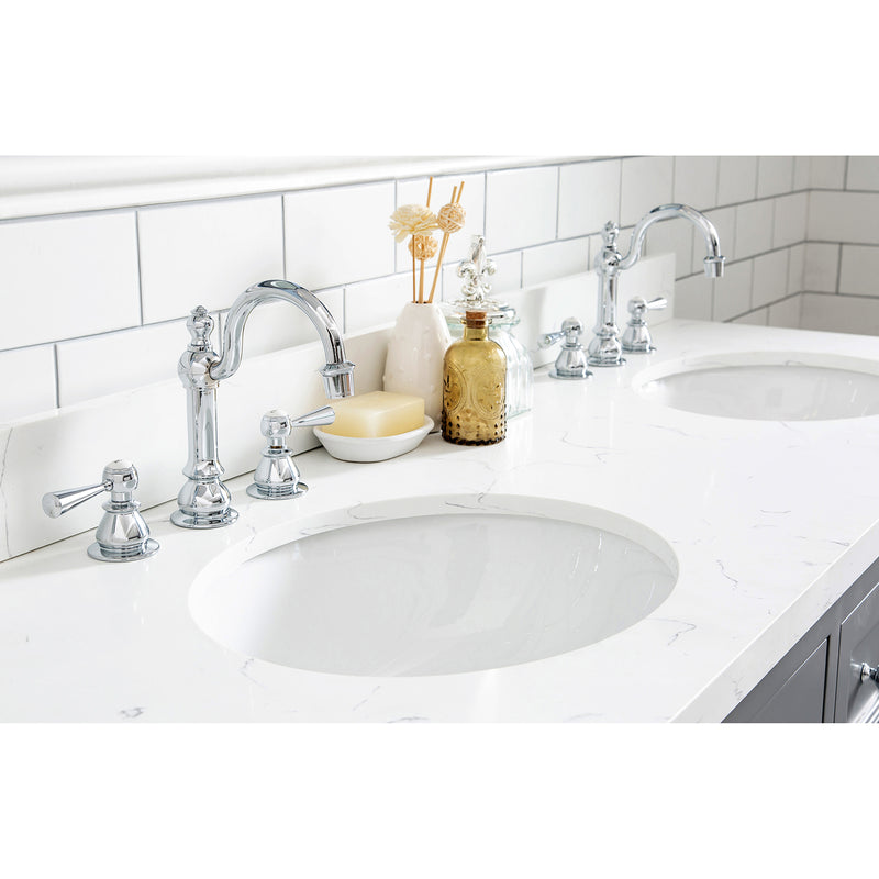 Water Creation Queen 60" Double Sink Quartz Carrara Vanity In Cashmere Gray with F2-0012-01-TL Lavatory Faucet QU60QZ01CG-000TL1201