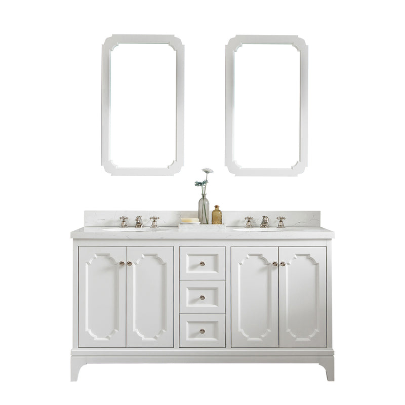 Water Creation Queen 60" Double Sink Quartz Carrara Vanity In Pure White with Matching Mirror and F2-0012-05-TL Lavatory Faucet QU60QZ05PW-Q21TL1205