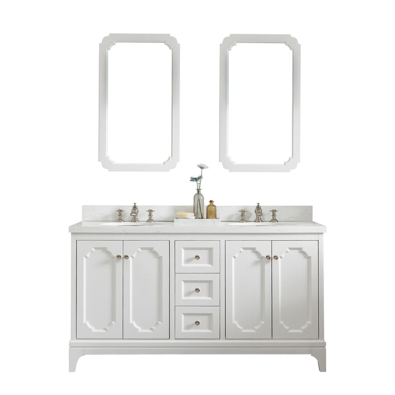 Water Creation Queen 60" Double Sink Quartz Carrara Vanity In Pure White with Matching Mirror and F2-0013-05-FX Lavatory Faucet QU60QZ05PW-Q21FX1305