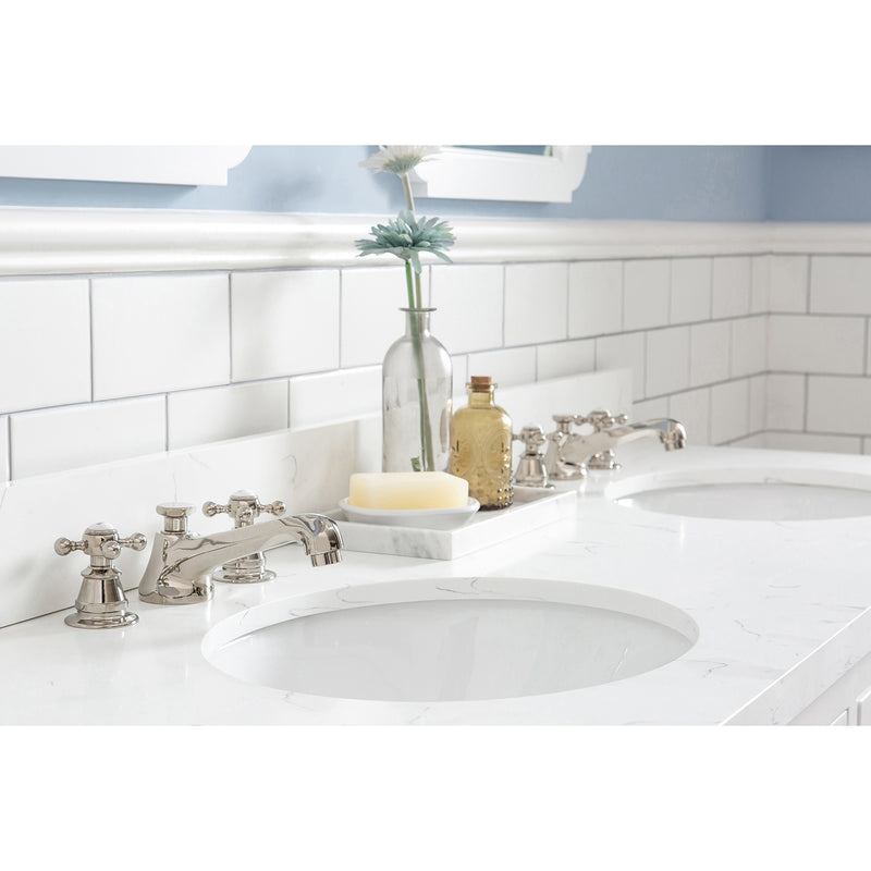 Water Creation Queen 60" Double Sink Quartz Carrara Vanity In Pure White with Matching Mirror and F2-0009-05-BX Lavatory Faucet QU60QZ05PW-Q21BX0905