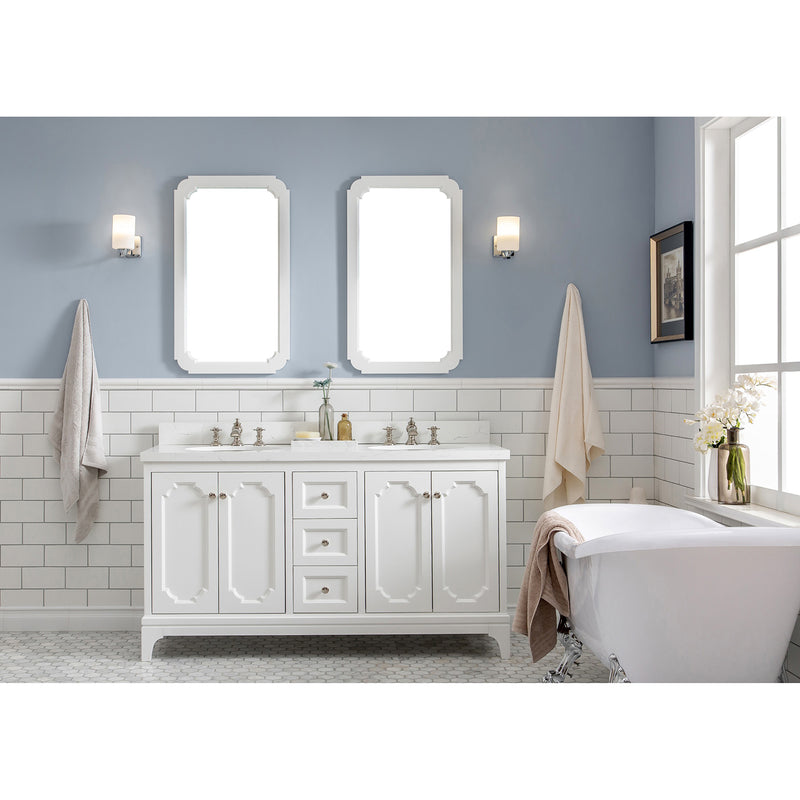 Water Creation Queen 60" Double Sink Quartz Carrara Vanity In Pure White with Matching Mirror and F2-0013-05-FX Lavatory Faucet QU60QZ05PW-Q21FX1305