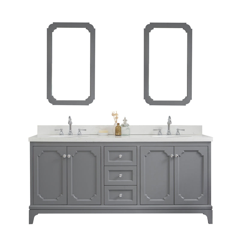 Water Creation Queen 72" Double Sink Quartz Carrara Vanity In Cashmere Gray with Matching Mirror and F2-0012-01-TL Lavatory Faucet QU72QZ01CG-Q21TL1201