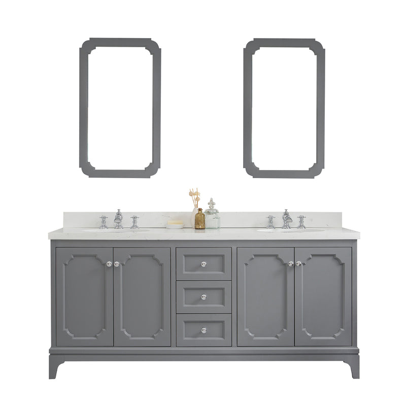 Water Creation Queen 72" Double Sink Quartz Carrara Vanity In Cashmere Gray with Matching Mirror and F2-0013-01-FX Lavatory Faucet QU72QZ01CG-Q21FX1301