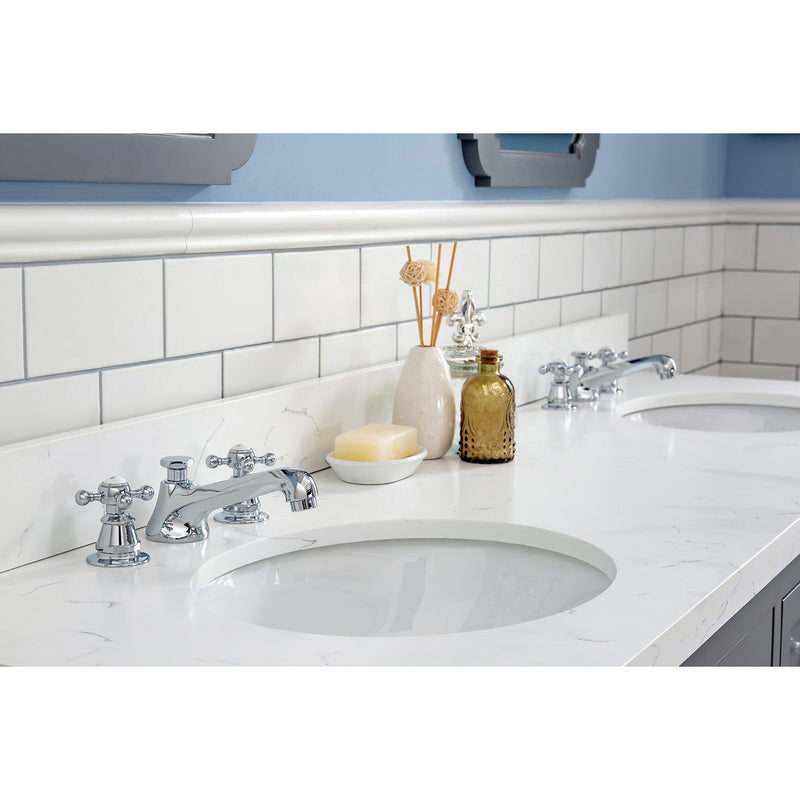 Water Creation Queen 72" Double Sink Quartz Carrara Vanity In Cashmere Gray with Matching Mirror and F2-0009-01-BX Lavatory Faucet QU72QZ01CG-Q21BX0901