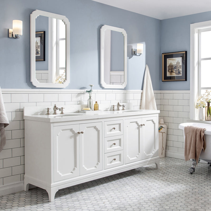 Water Creation Queen 72" Double Sink Quartz Carrara Vanity In Pure White with F2-0013-05-FX Lavatory Faucet QU72QZ05PW-000FX1305
