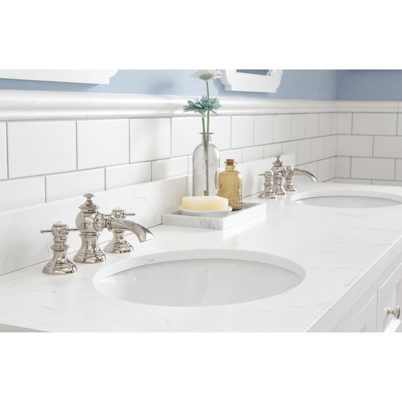 Water Creation Queen 72" Double Sink Quartz Carrara Vanity In Pure White with F2-0013-05-FX Lavatory Faucet QU72QZ05PW-000FX1305