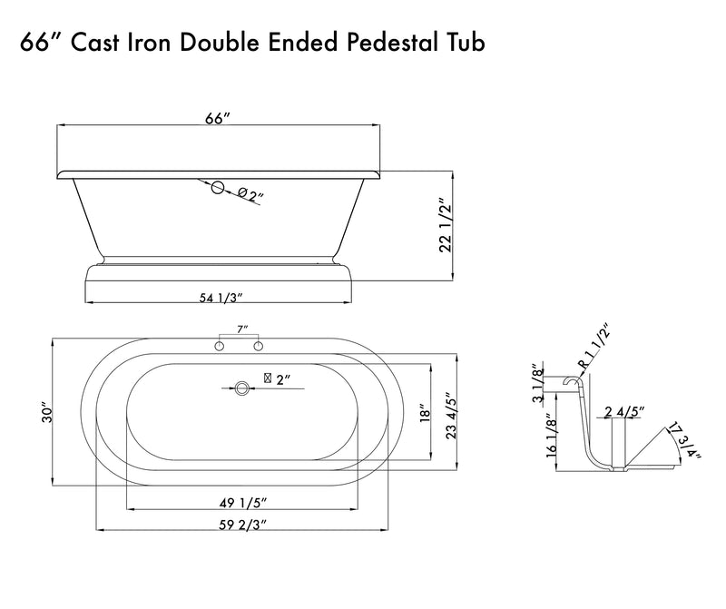 Cambridge Plumbing Cast Iron Double Ended Tub 66" x 30" 7" Drillings