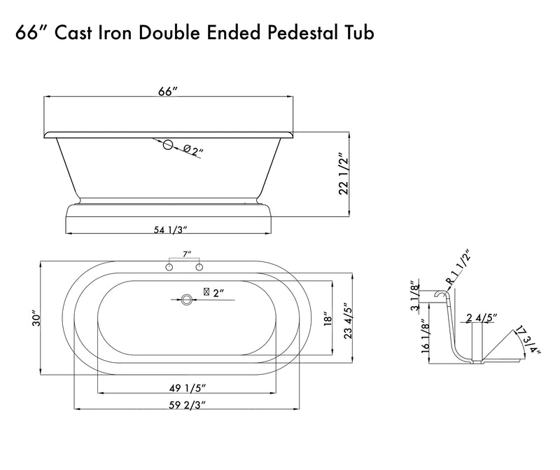 Cambridge Plumbing 66" Cast Iron Dual Ended Pedestal Bathtub Faucet Drillings Package BRZ