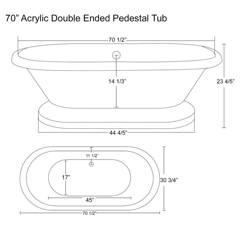 Cambridge Plumbing Acrylic Double Ended Pedestal Bathtub 70" x 30" No Drillings BRZ Package