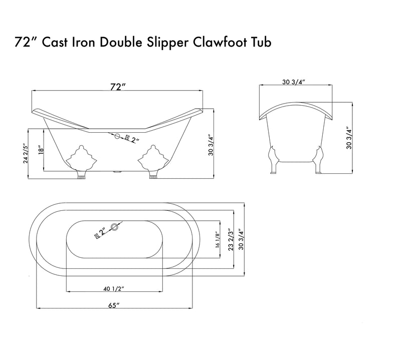 Cambridge Plumbing Cast Iron Double Ended Slipper Tub 71" x 30" No Drillings and PC Feet