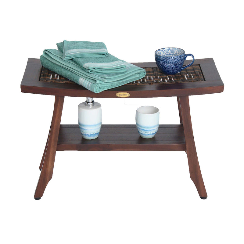 DecoTeak Satori 24" Eastern Style Teak Shower Bench with Viro Indoor or Outdoor Rattan Top and Shelf