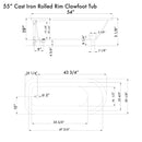 Cambridge Plumbing Cast Iron Rolled Rim Clawfoot Tub 55" x 30" No Faucet Drillings BN Feet