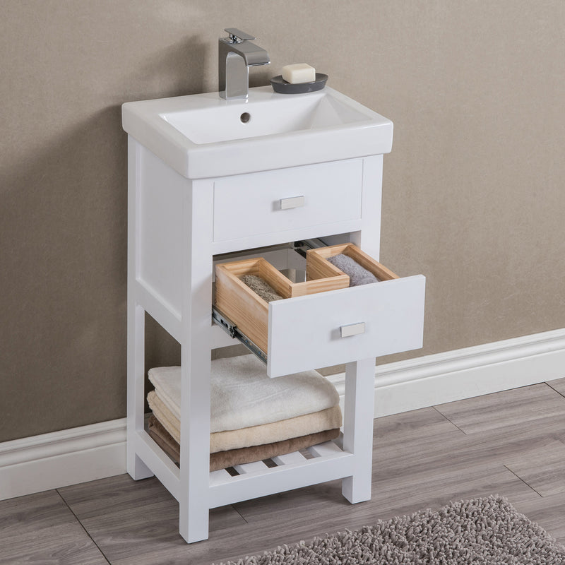 Water Creation 18" Pure White MDF Single Bowl Ceramics Top Vanity with U Shape Drawer From The VERA Collection VE18CR01PW-000000000