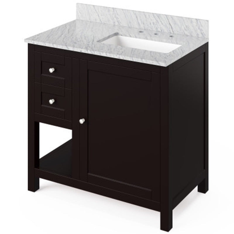 Jeffrey Alexander 36" Espresso Astoria Right Offset with White Carrara Marble Vanity Top Rectangle Bowl