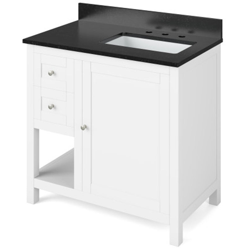 Jeffrey Alexander 36" White Astoria Right Offset with Black Granite Vanity Top Rectangle Bowl