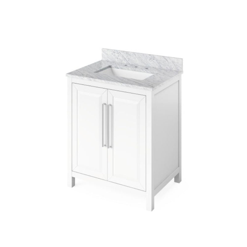 Jeffrey Alexander 30" White Cade with White Carrara Marble Vanity Top Rectangle Bowl