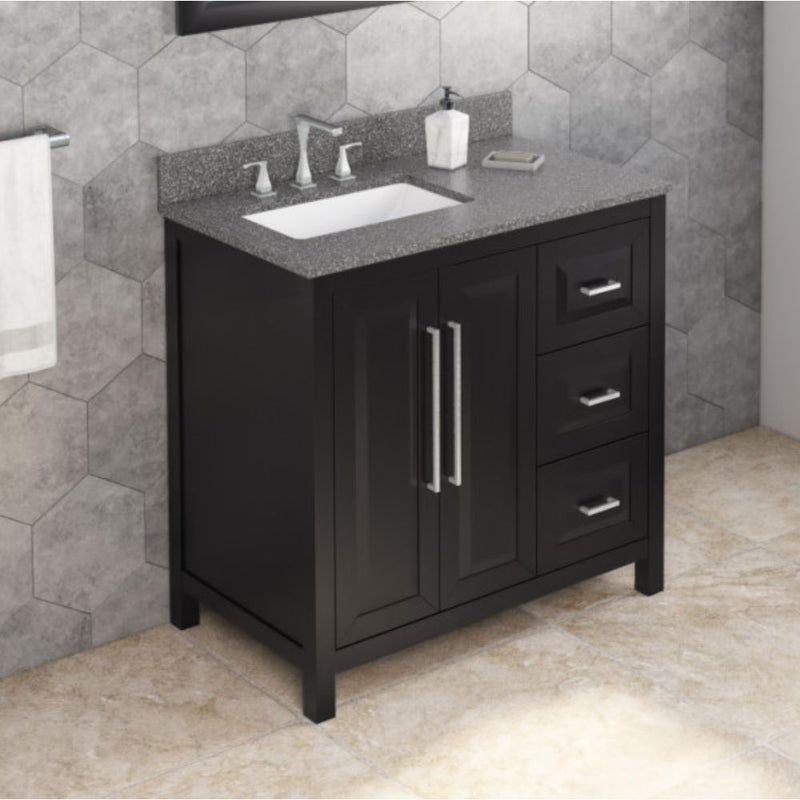 Jeffrey Alexander 36" Black Cade Left Offset with Boulder Vanity Cultured Marble Vanity Top Rectangle Bowl