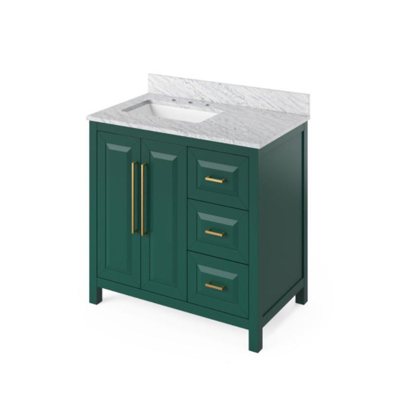 Jeffrey Alexander 36" Forest Green Cade Left Offset with White Carrara Marble Vanity Top Rectangle Bowl