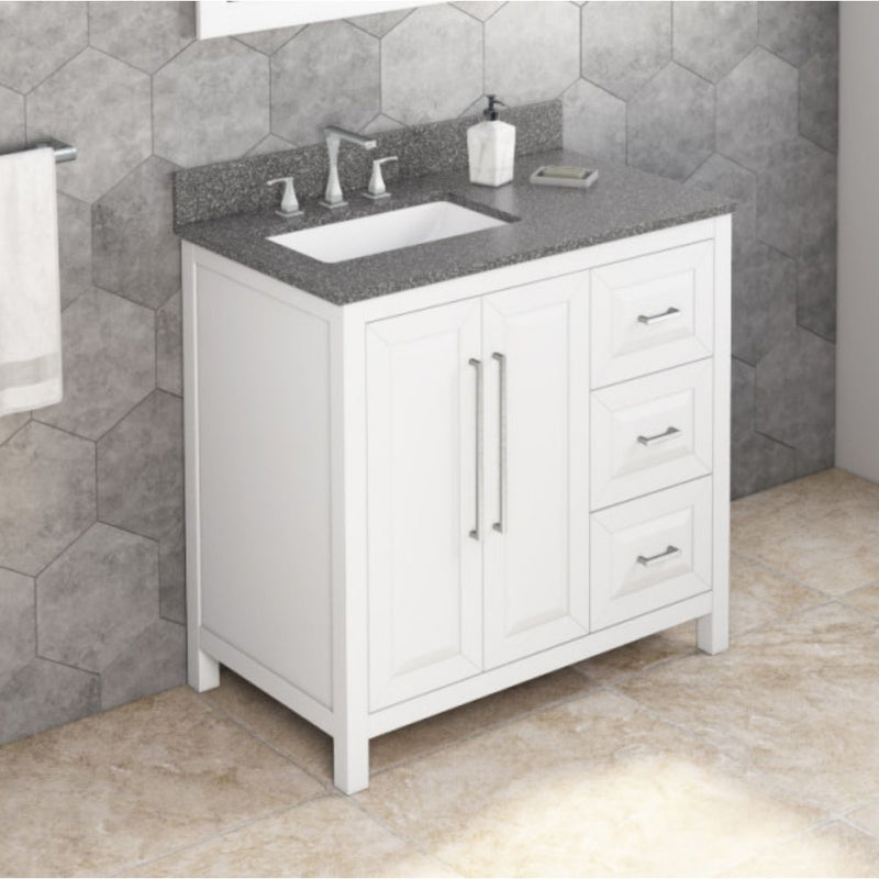 Jeffrey Alexander 36" White Cade Vanity Left Offset Rectangle Bowl with Boulder Vanity Cultured Marble Vanity Top