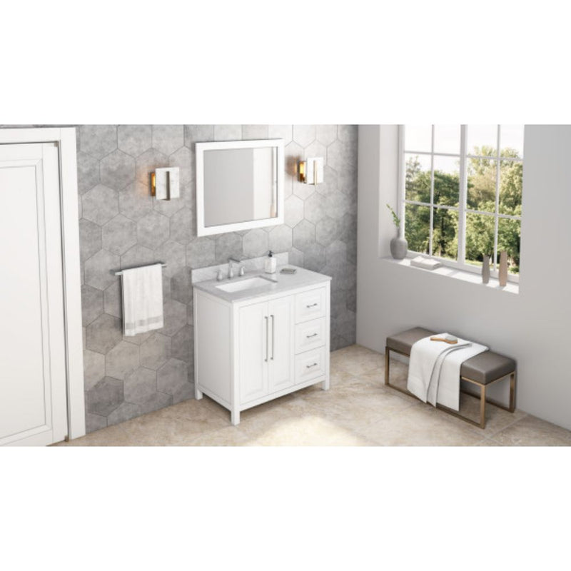 Jeffrey Alexander 36" White Cade Vanity Left Offset Rectangle Bowl with White Carrara Marble Vanity Top