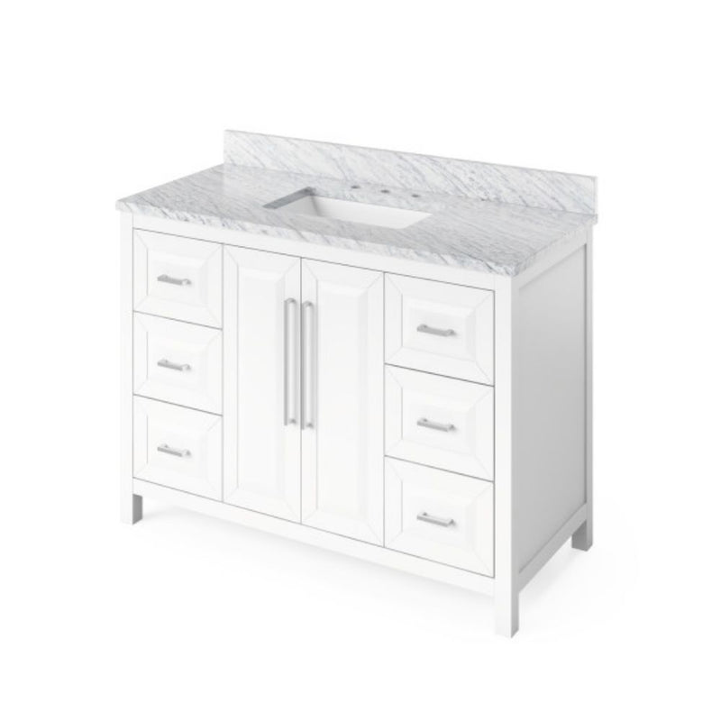 Jeffrey Alexander 48" White Cade Vanity Rectangle Bowl with White Carrara Marble Vanity Top