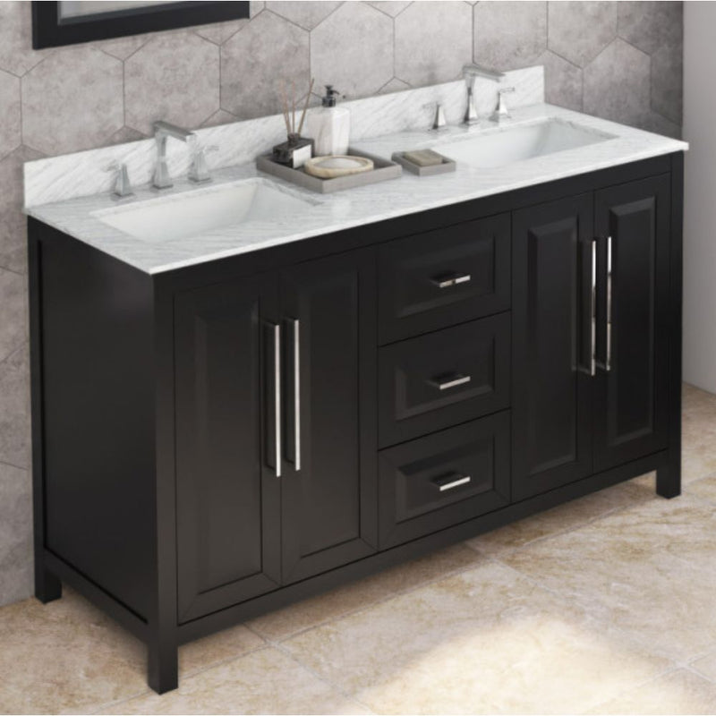 Jeffrey Alexander 60" Black Cade Vanity Double Rectangle Bowl with White Carrara Marble Vanity Top