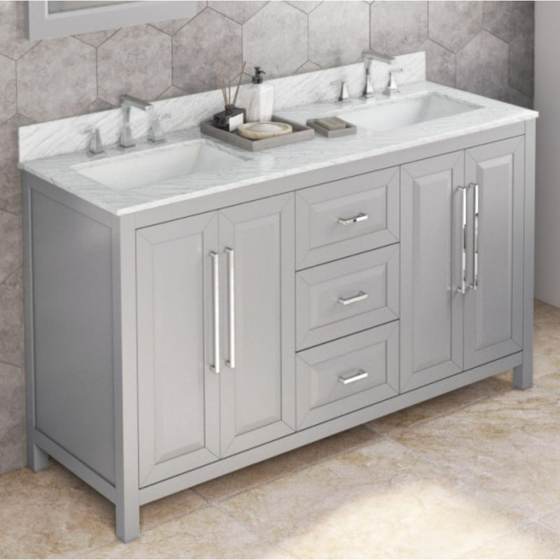 Jeffrey Alexander 60" Gray Cade Double Rectangle Bowl with White Carrara Marble Vanity Top