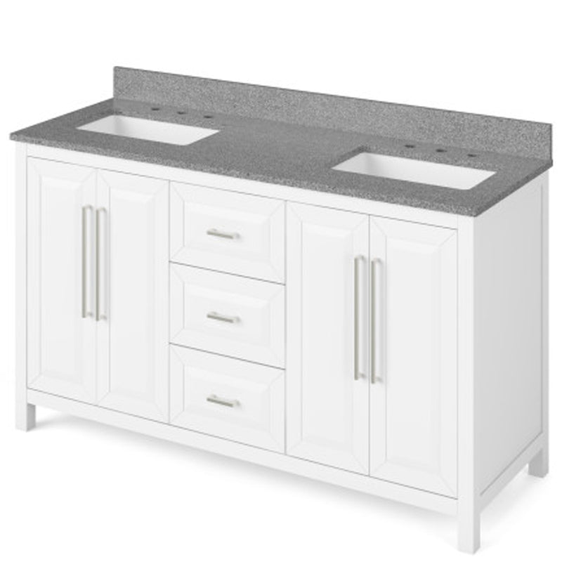 Jeffrey Alexander 60" White Cade Vanity Double Bowl Steel Gray Cultured Marble Vanity Top Undermount Rectangle Bowl VKITCAD60WHSGR