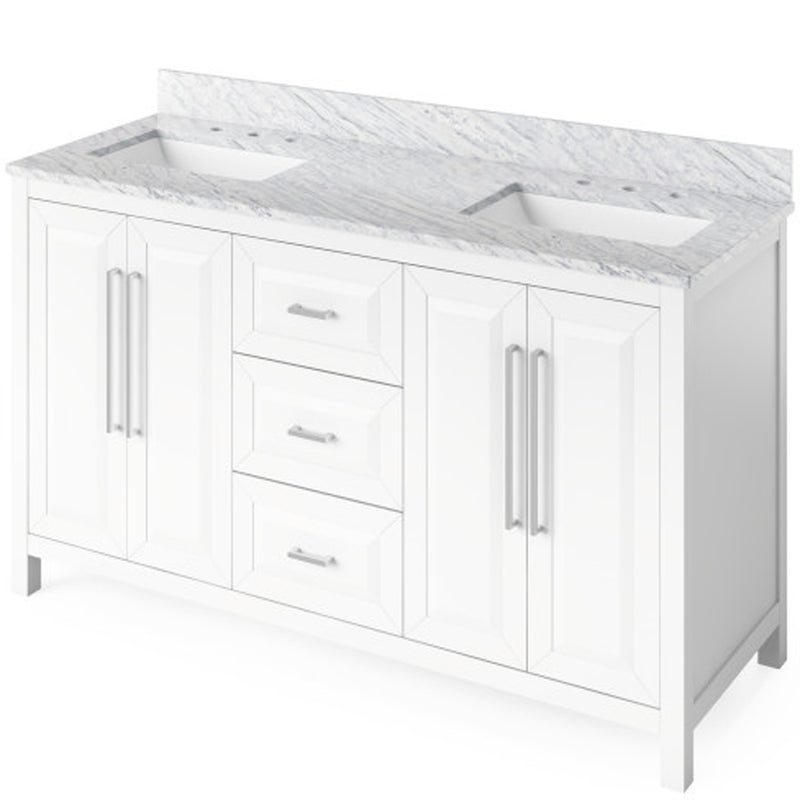 Jeffrey Alexander 60" White Cade Vanity Double Bowl White Carrara Marble Vanity Top Undermount Rectangle Bowl VKITCAD60WHWCR