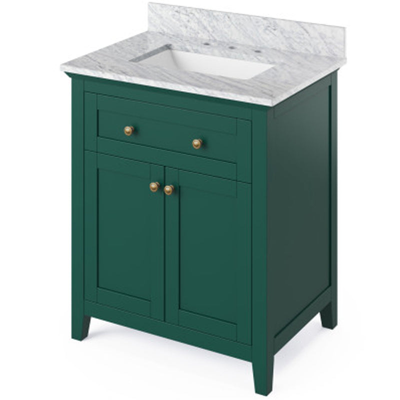 Jeffrey Alexander 30" Forest Green Chatham with White Carrara Marble Vanity Top Rectangle Bowl