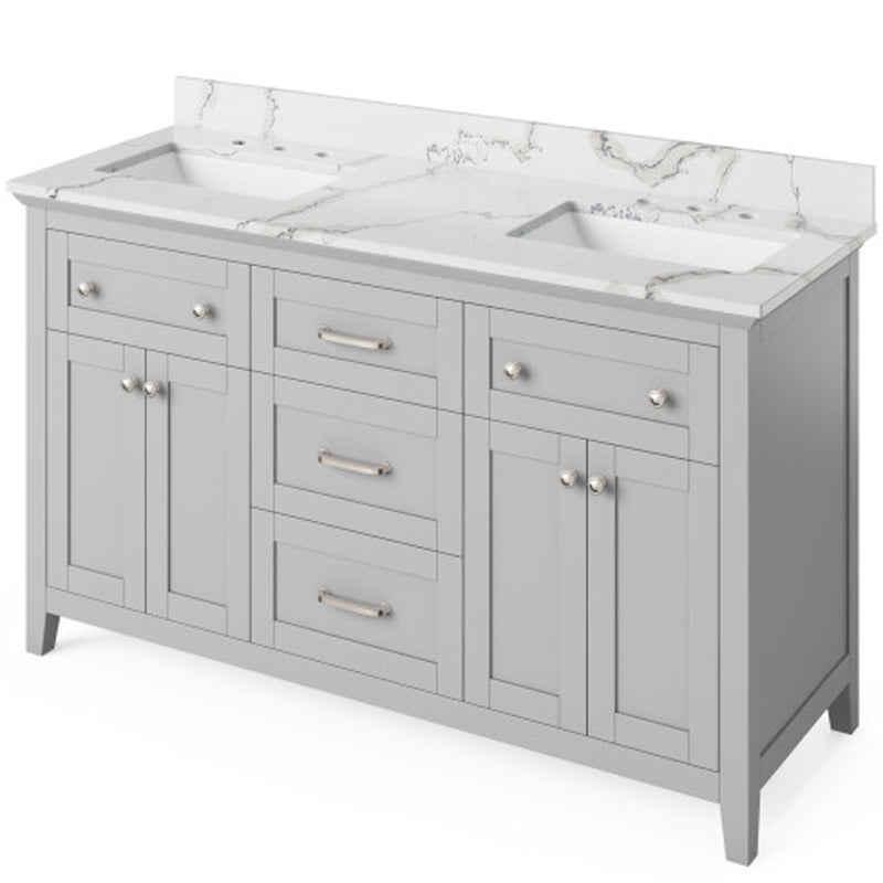 Jeffrey Alexander 60" Gray Chatham Double Bowl with Calacatta Vienna Quartz Vanity Top