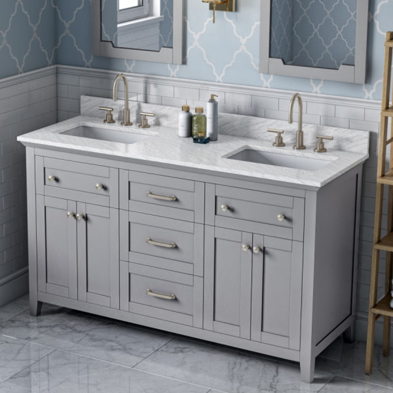 Jeffrey Alexander 60" Gray Chatham Double Bowl with White Carrara Marble Vanity Top