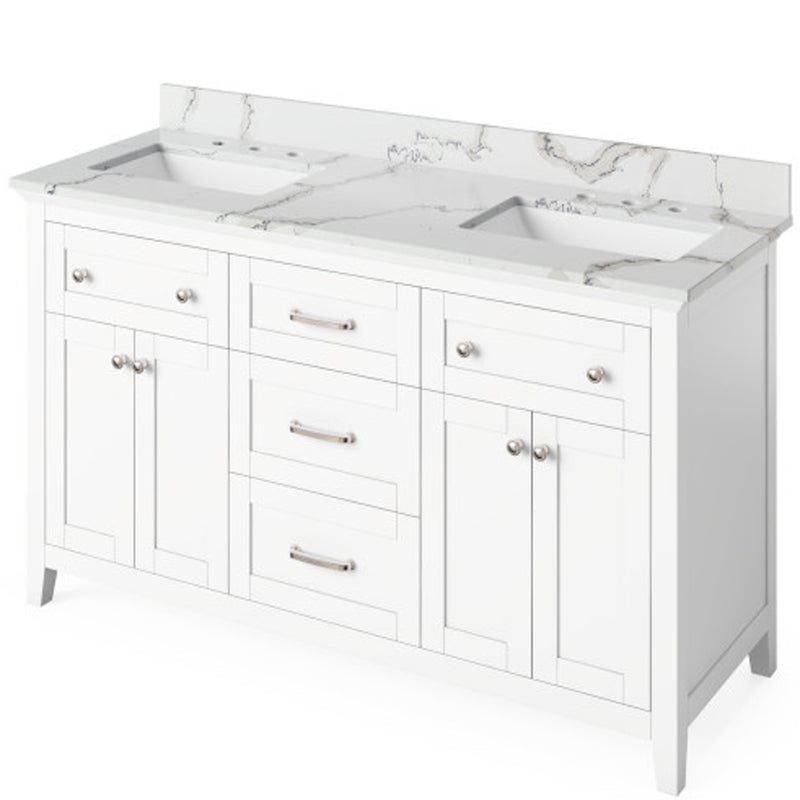 Jeffrey Alexander 60" White Chatham Double Bowl with Calacatta Vienna Quartz Vanity Top Two