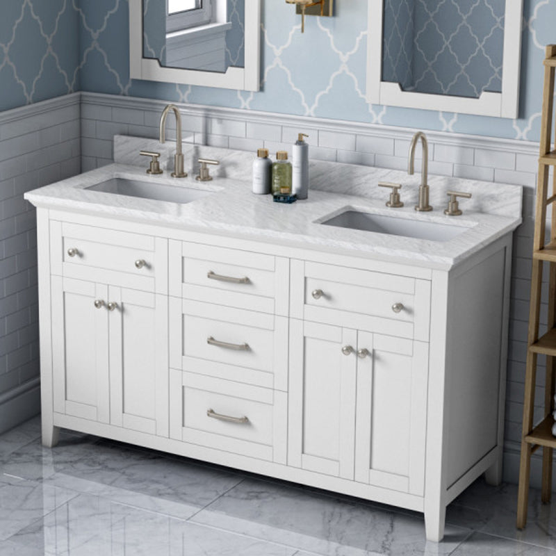 Jeffrey Alexander 60" White Chatham Double Bowl with White Carrara Marble Vanity Top