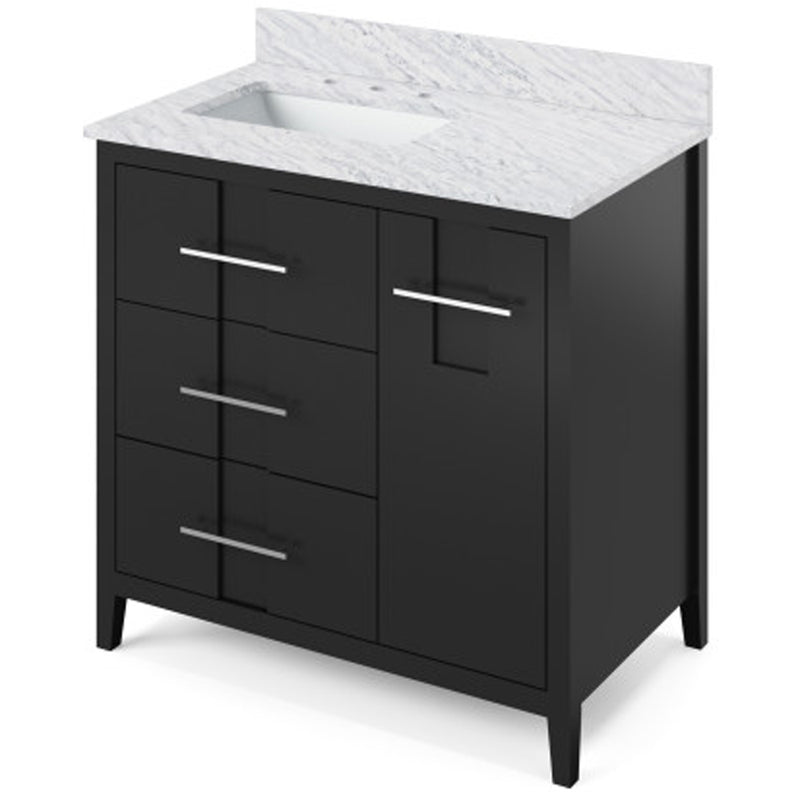 Jeffrey Alexander 36" Black Katara left offset with White Carrara Marble Vanity Top Rectangle Bowl