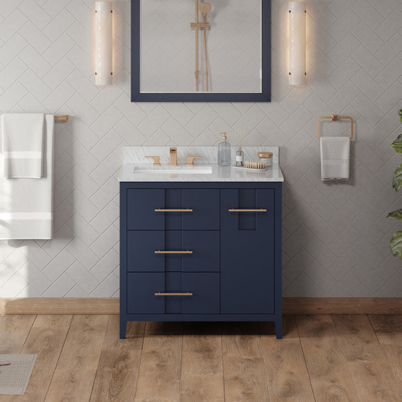 Jeffrey Alexander 36" Hale Blue Katara left offset with White Carrara Marble Vanity Top