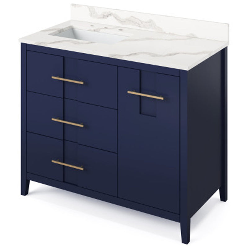 Jeffrey Alexander 42" Hale Blue Katara left offset with Calacatta Vienna Quartz Vanity Top