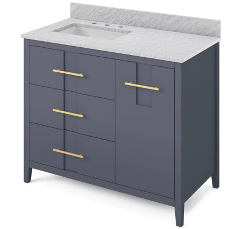 Jeffrey Alexander 42" Blue Steel Katara left offset with White Carrara Marble Vanity Top